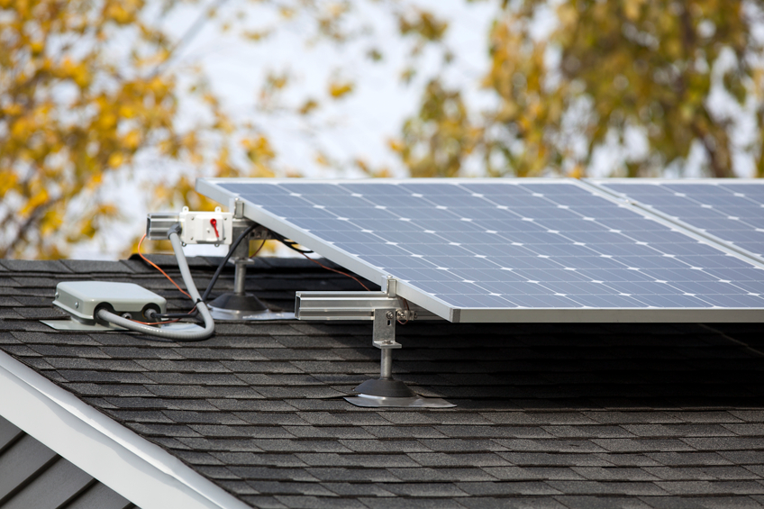 Solar panels on a residential home up close.